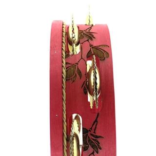 Pandeireta rosa de 9 pares con decorado de polas de magnolio e ferreñas tradicionais douradas - Imaxe 1